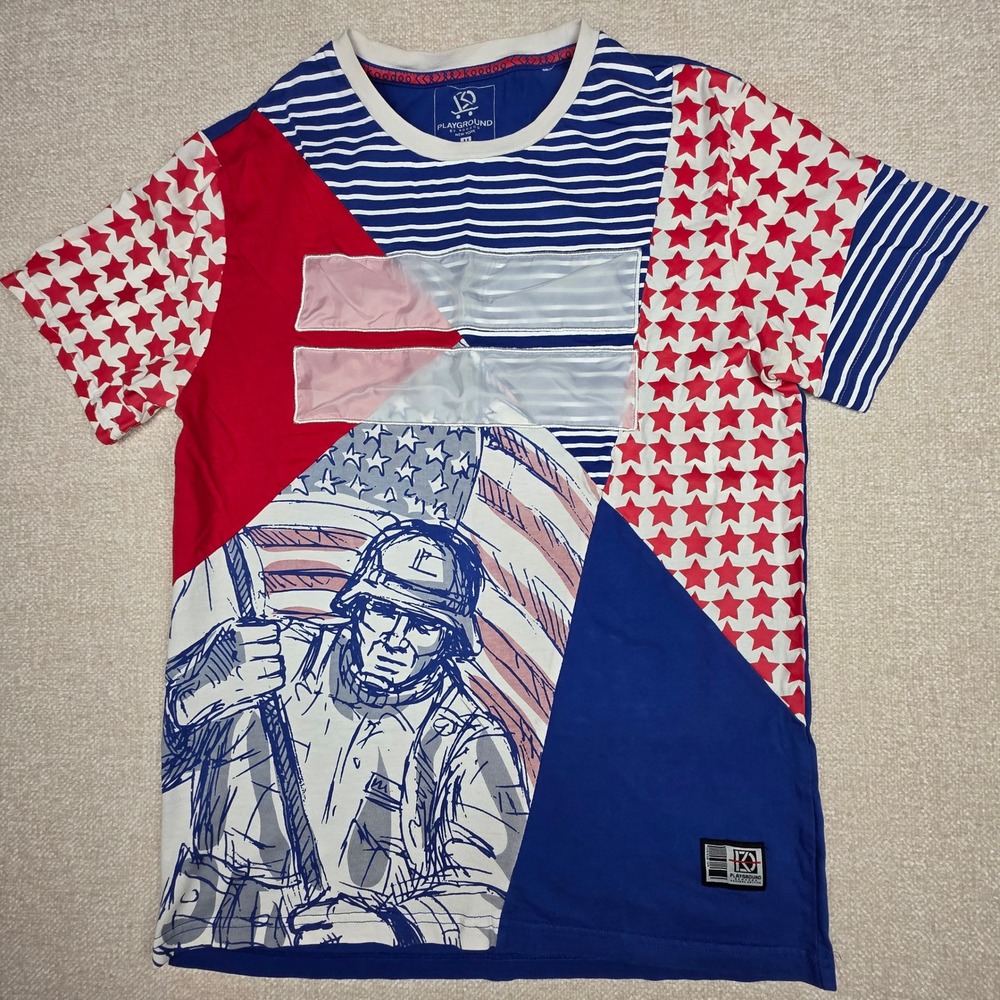 Playground by Koodoo NY Mens‎ Americana Graphic T-Shirt Stars Stripes Soldier M